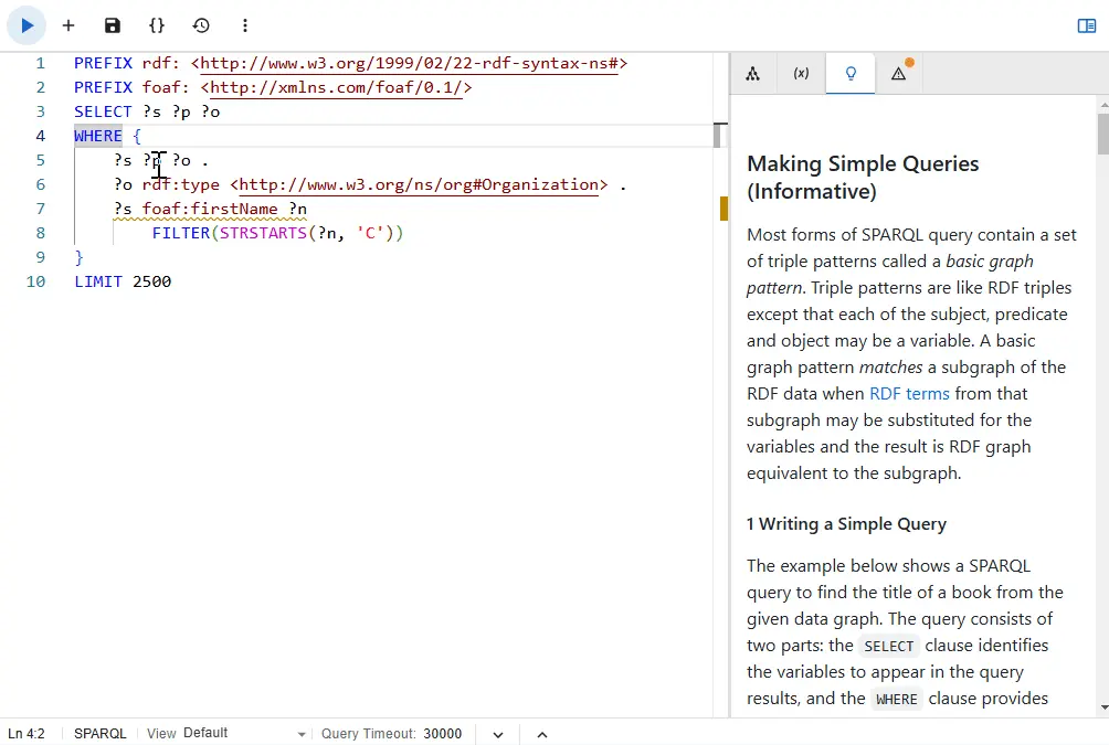 The gdotv interface opens on the SPARQL query editor, complete with syntax validation, schema aware autocomplete suggestions and SPARQL documentation.