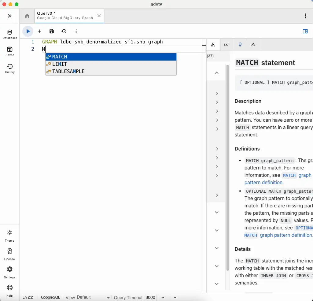 GoogleSQL syntax validation, autocomplete, & embedded docs in gdotv